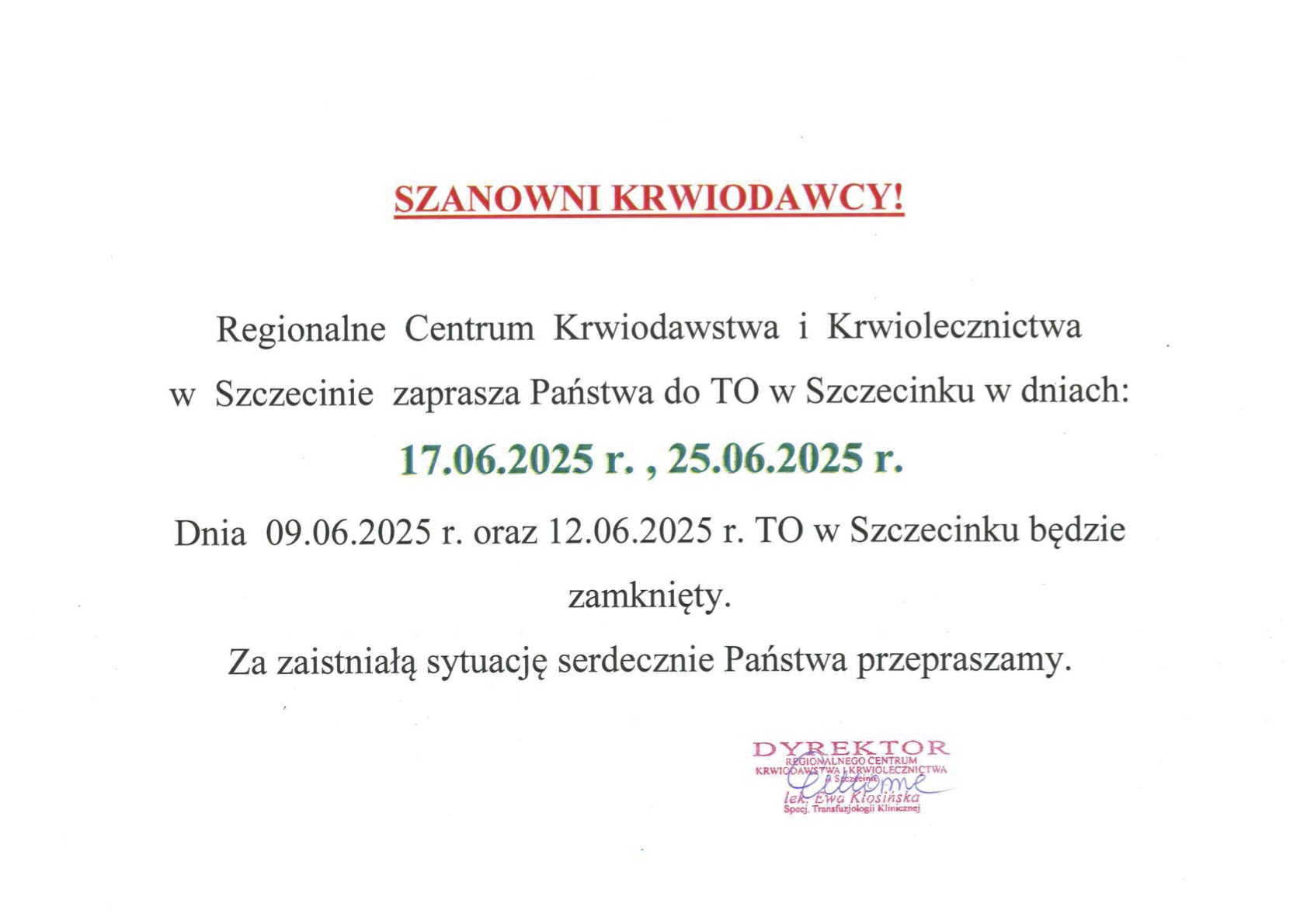 Komunikat dotyczący Szczecinka